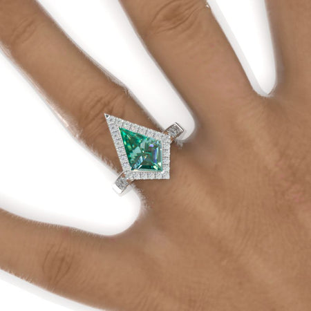 2.5 Carat Kite Green Moissanite Halo Engagement Ring. 2.5CT Fancy Shape Green Moissanite Ring Model 933-12x8
