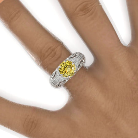 2 Carat Round Yellow Sapphire Victorian Style Lace Shank Engagement Ring. Victorian 14K White Gold Ring Model 949-8