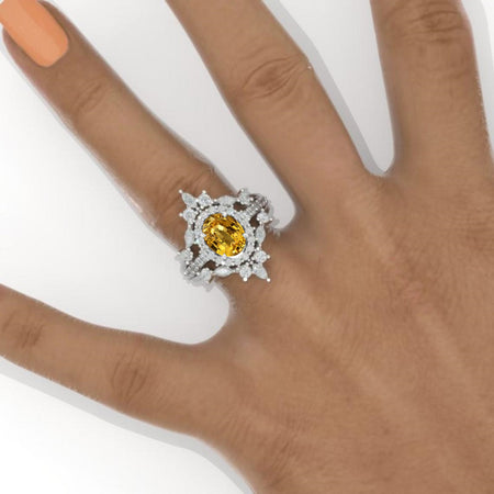 14K Solid Gold Ring 1.5CT Oval Yellow Sapphire Wedding Ring Yellow Sapphire Halo Engagement Ring Anniversary Promise Two Eternity Gold Ring Model 412