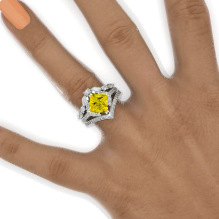 2 Carat Princess Yellow Sapphire Halo 14K White Gold Engagement Ring Eternity Ring Set Model 418
