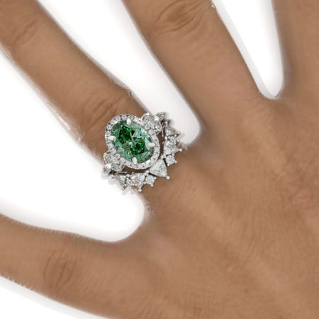 2 Carat Oval Green Moissanite Halo Floral Engagement Ring Eternity Ring Set