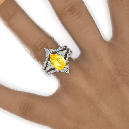 3 Carat Pear Floral Yellow Sapphire Engagement 14K White Gold  Ring Eternity Ring Set Model 883-11x7