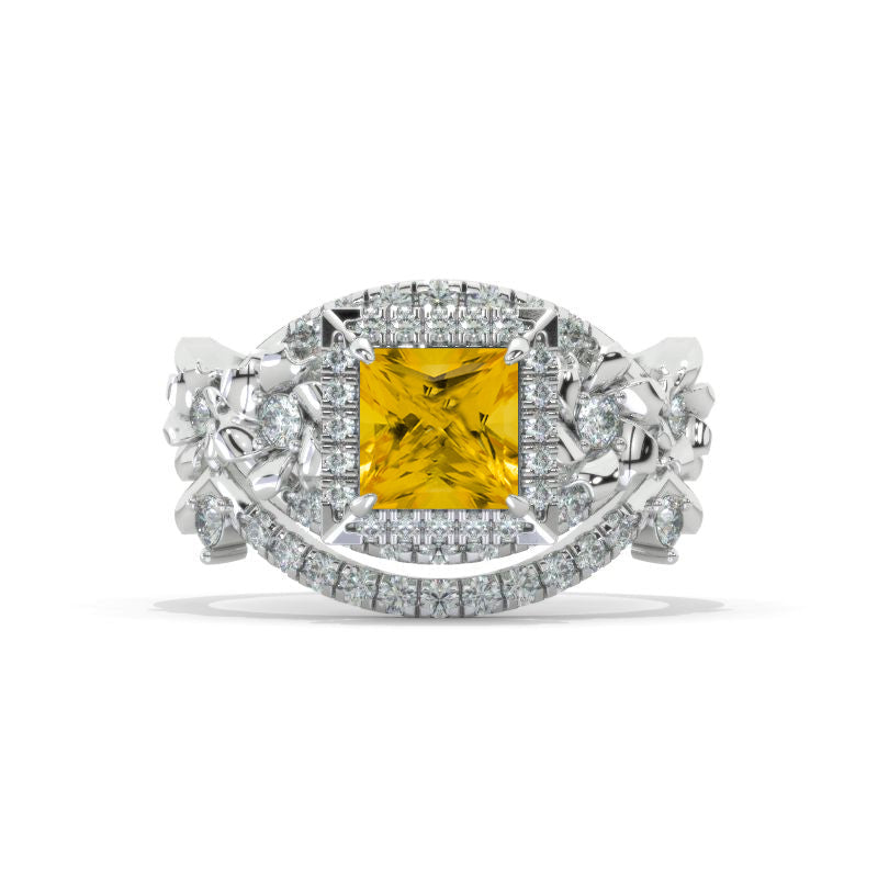 1 Carat Princess Cut Halo Genuine Yellow Citrine Floral Leaves Ornamental Engagement 14K White Gold  Ring Eternity Ring Set Model 1156-6x6