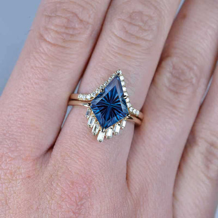14K Gold 4 Carat Kite Fantasy Cut Alexandrite Halo Unique Engagement Ring, Eternity Ring Set
