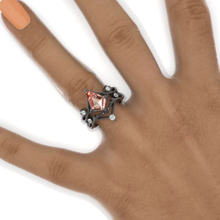 2.5 Carat Kite Peach Sapphire Engagement Ring. 2.5CT Fancy Shield Shape Peach Sapphire Black Gold Ring Model 999-12x8