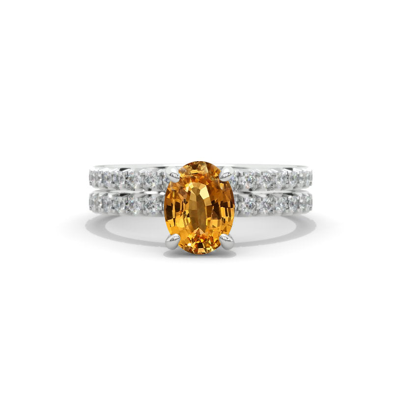 14K White Gold  2 Carat Oval Genuine Yellow Citrine Engagement Ring Eternity Ring Set Model 705