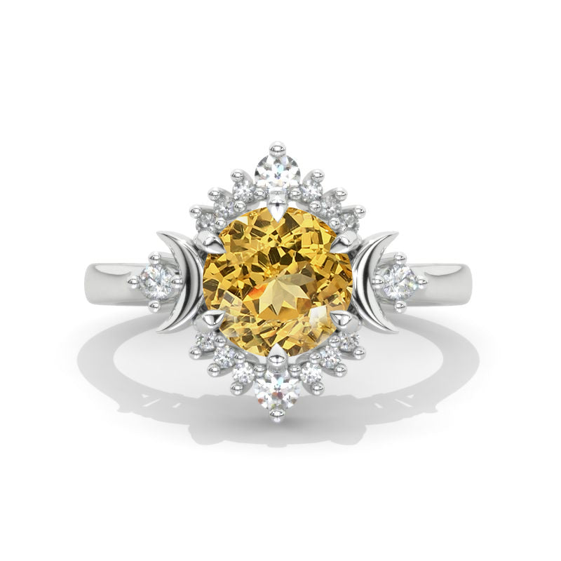 2 Carat Genuine Yellow Citrine Moon  Halo Gold Engagement Promissory Ring