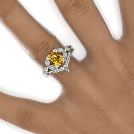 1.5 Carat Oval Yellow Sapphire Cluster Halo 14K White Gold Floral Engagement Ring Set Model 835