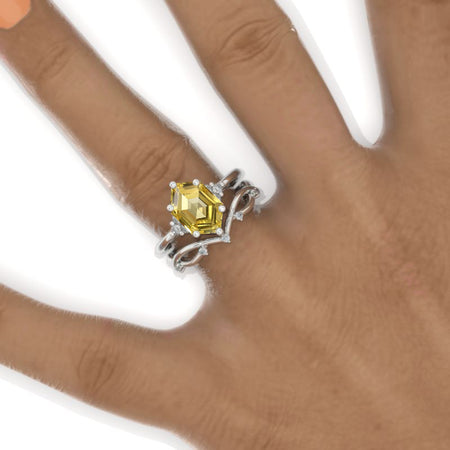 3 Carat Hexagon Yellow Sapphire Halo 14K White Gold  Engagement Ring, Eternity Ring Set Model 793-12x6