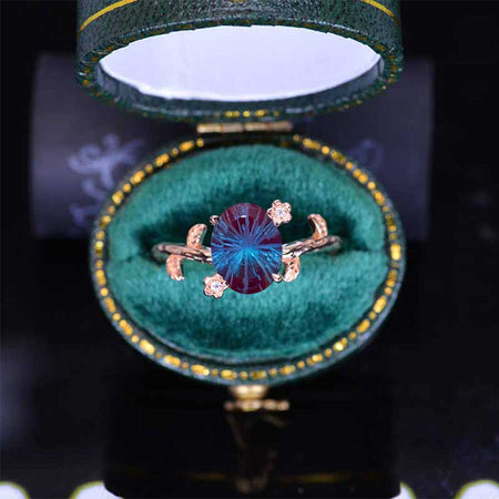 14K Rose Gold Dainty 2 Carat Oval Fireworks Cut Alexandrite Floral Ring