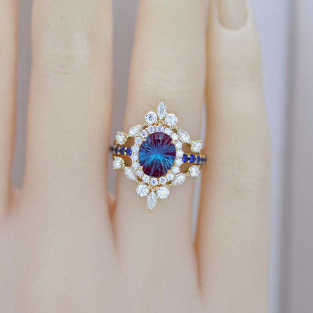 2 Carat Oval Fireworks Cut Alexandrite Diamond Sapphire Halo Engagement Gold Ring