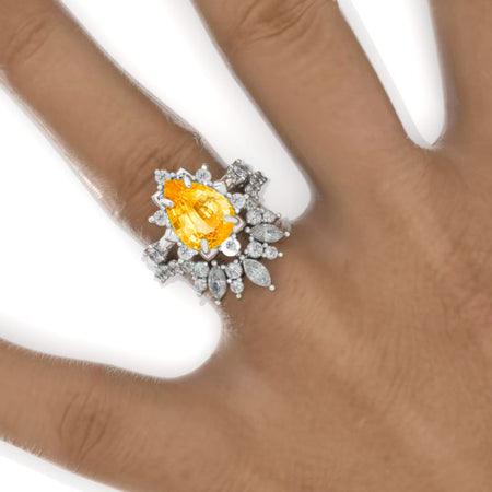 3 Carat Pear Genuine Yellow Citrine Halo Floral Engagement Ring 14K White Gold Ring Set Model 967-11x7mm
