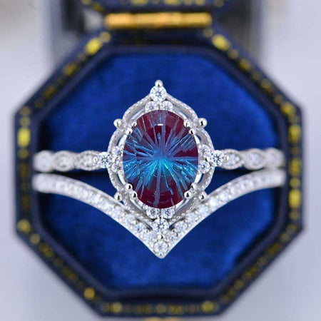 14K Rose Gold Ring 2CT Oval Vintage Wedding Ring, Oval Fireworks Cut Alexandrite Halo Engagement Ring Set