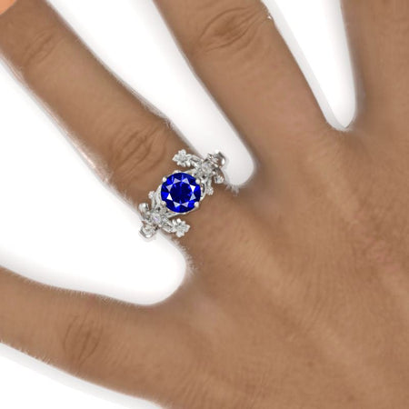 7mm Round Royal Blue Sapphire Floral Victorian Style  Engagement Ring Model 988-7