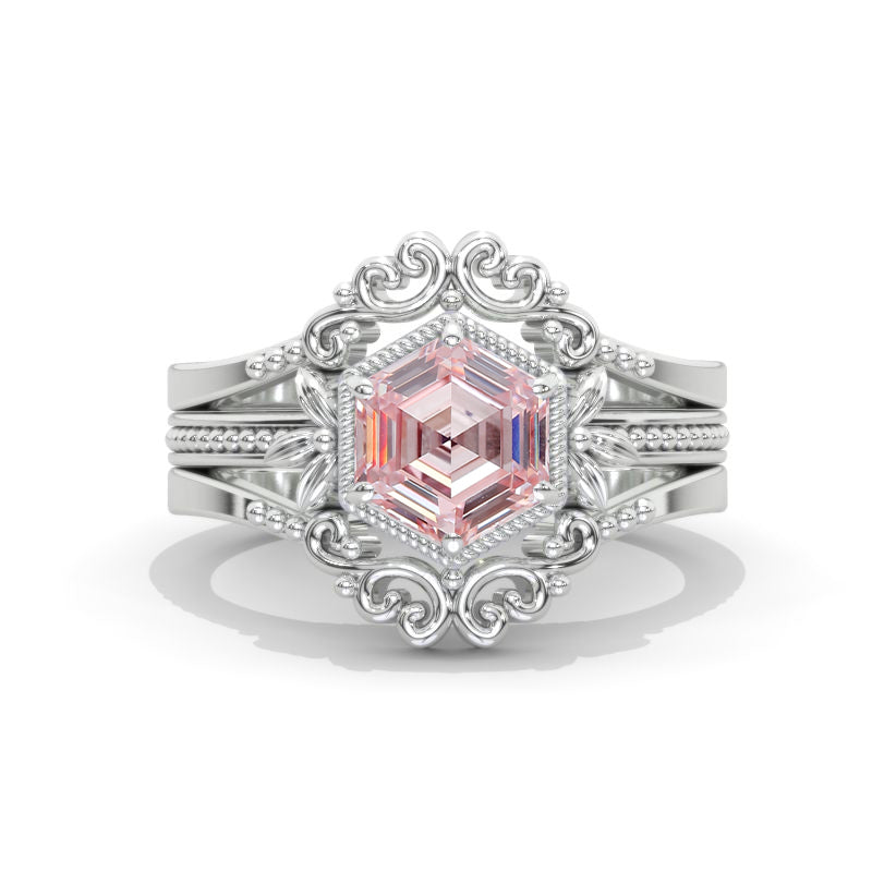3 Carat Hexagon Bezel Set Peach Sapphire Cluster Halo 14K White Gold Engagement Ring Set Model 929-8