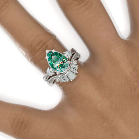 3CT Pear Shape Green Moissanite Engagement Ring Set, White Gold, Halo Vintage Green Moissanite Band, V Band Vintage Anniversary Ring Set Model 806-1x7