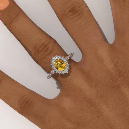 14K Solid Gold Ring 1.5CT Oval Halo Yellow Sapphire Wedding Ring Stone Engagement Ring Anniversary Ring Yellow White Gold Ring Pave Set Colar Model x