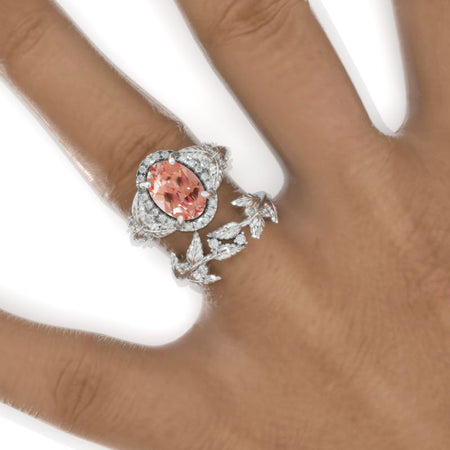 2 Carat Oval Peach Sapphire Halo Floral Engagement Ring Eternity Ring Set Model 972