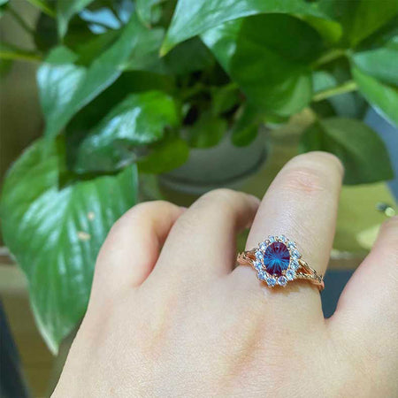 1 Carat Oval Cut Vintage Rose Fireworks Cut Alexandrite Ring, Rose Gold Floral Unique Oval Halo Ring