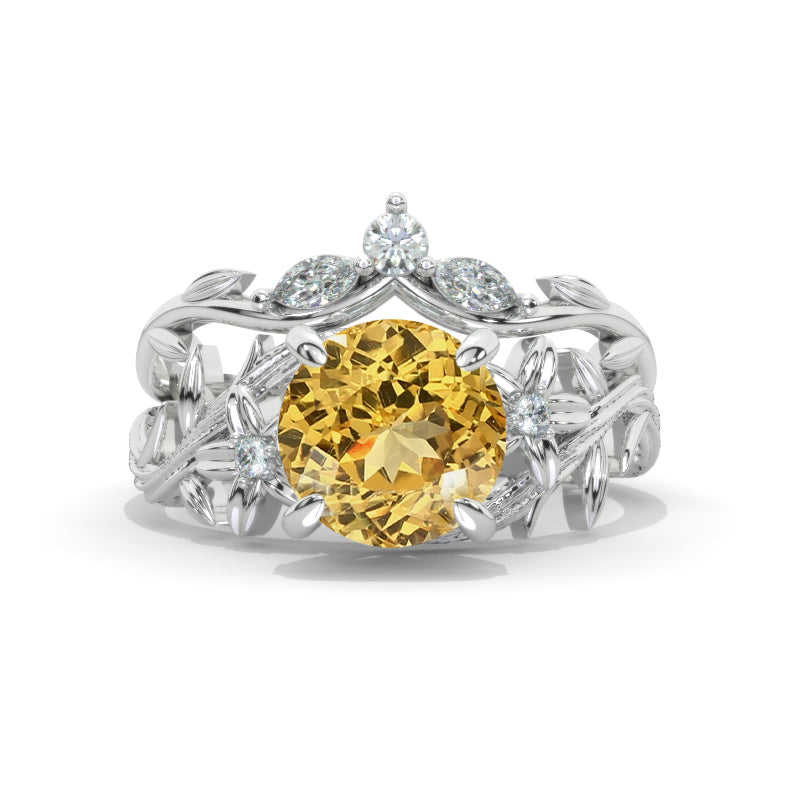 2 Carat  Floral Celtic Genuine Yellow Citrine Engagement Ring Twig Floral Set Model 1198