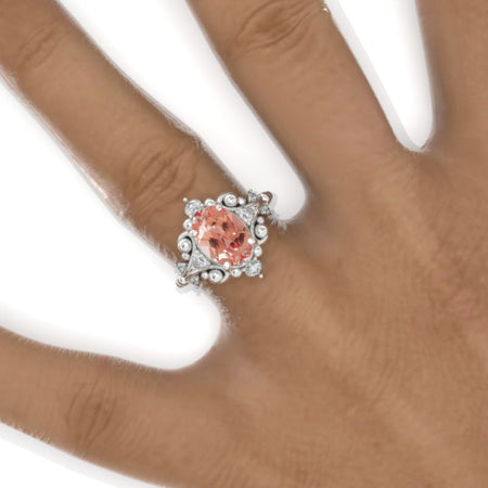 3 CT Oval Halo Peach Sapphire Vintage Wedding Ring. 14K White Gold Engagement Ring Anniversary Ring, Baguette Double Halo Ring Model 997-10x7 Lab-Grown 