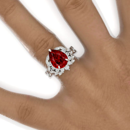 3 Carat Pear Ruby Halo Floral Twig Engagement Ring 14K White Gold Ring