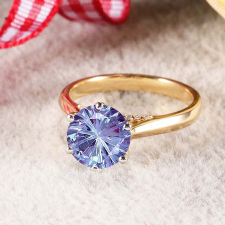 14K Solid Two Tone Gold 2CT Round Fireworks Cut Alexandrite Solitaire Six Prongs Ring Fireworks Cut Alexandrite Hidden Halo Engagement Ring Anniversary Promise Gold Ring