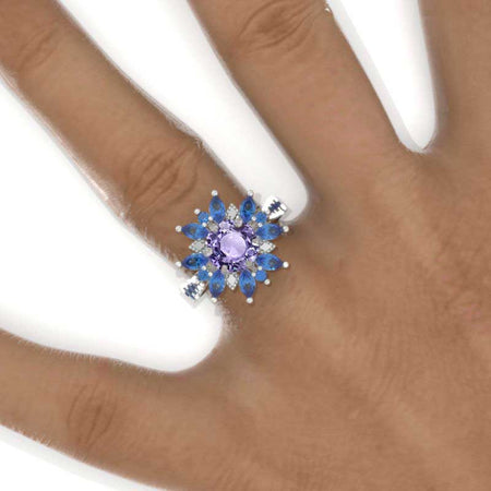 2 Carat Round Purple Sapphire Snowflake Floral Halo Engagement Ring