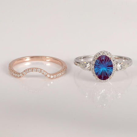 14K Gold 3 Carat Oval Fireworks Cut Alexandrite Halo Engagement Ring Eternity Ring Set