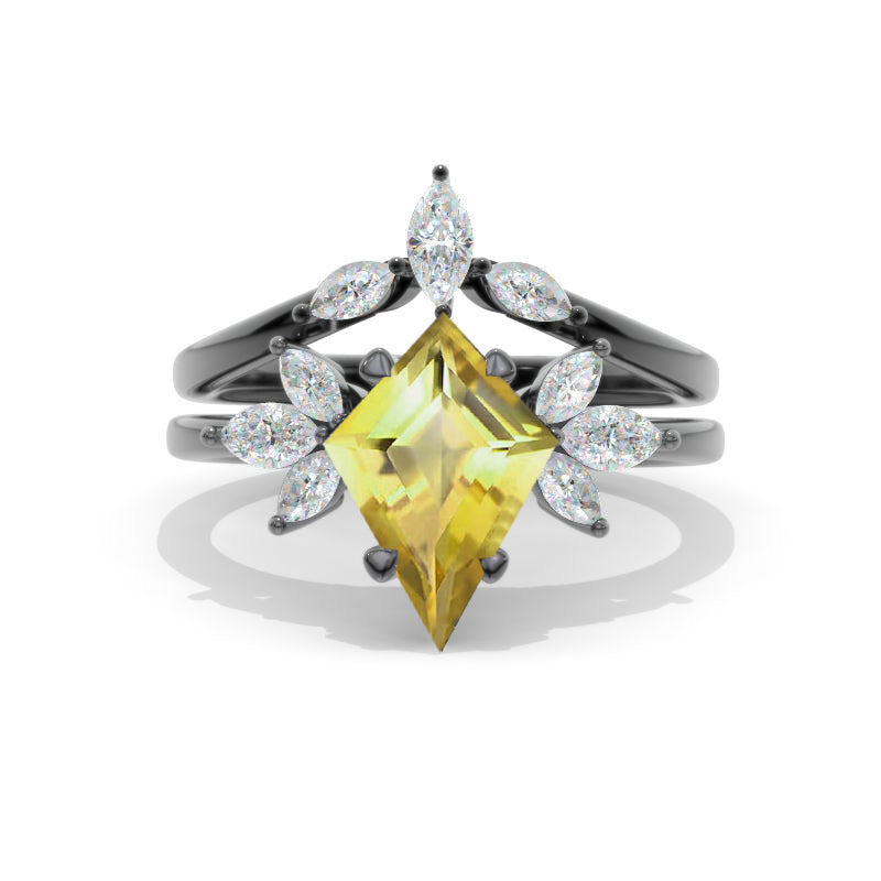 2.5 Carat Kite Genuine Yellow Citrine Engagement Ring. 2.5CT Fancy Shield Shape Genuine Yellow Citrine Black Gold Ring Set Model 735-12x8