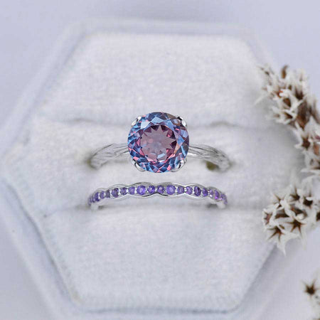 2 Carat Portuguese Cut Alexandrite 14K White Gold Engagement. Eternity Ring. Set of Two Rings. Opal Leaf Floral Ring Design, Two Ring Set