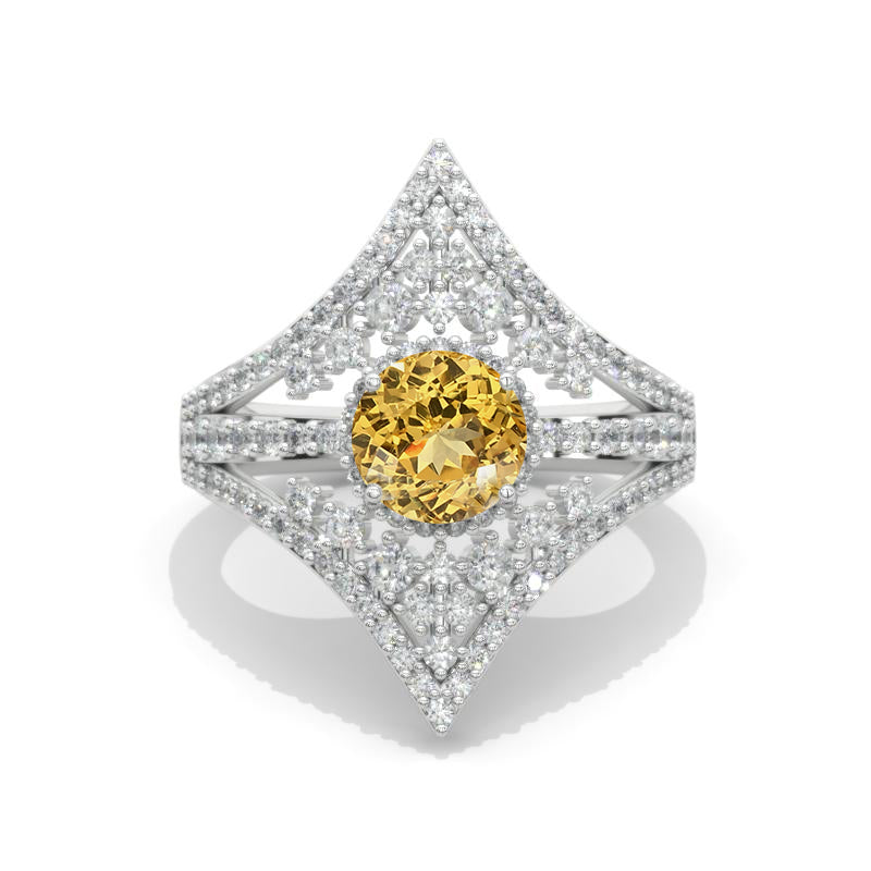 1.0 Carat Genuine Yellow Citrine Engagement Ring 14K White Gold Model 422