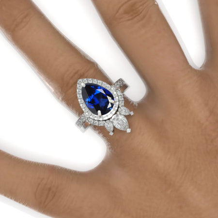 3 Carat Pear Royal Blue Sapphire Halo Engagement Ring 14K White Gold Ring Set Model 963-11x7mm