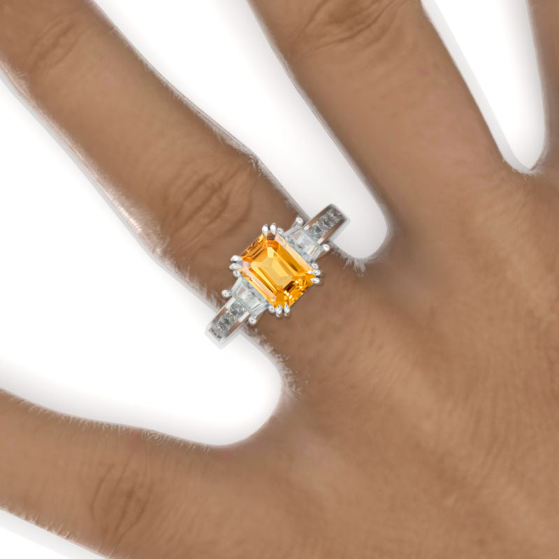 2 Carat Emerald Cut Genuine Yellow Citrine  White Gold Engagement Ring Model 858-8x6