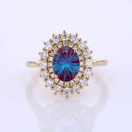 1 Ct Fireworks Cut Alexandrite Double Halo Engagement Ring, Vintage Oval Shape Fireworks Cut Alexandrite Engagement Ring, Side Accents Stones 14K Gold