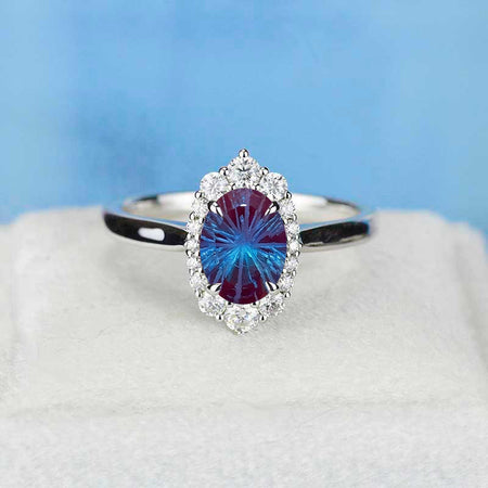 14K White Gold 2 Carat Oval Fireworks Cut Halo Engagement Ring