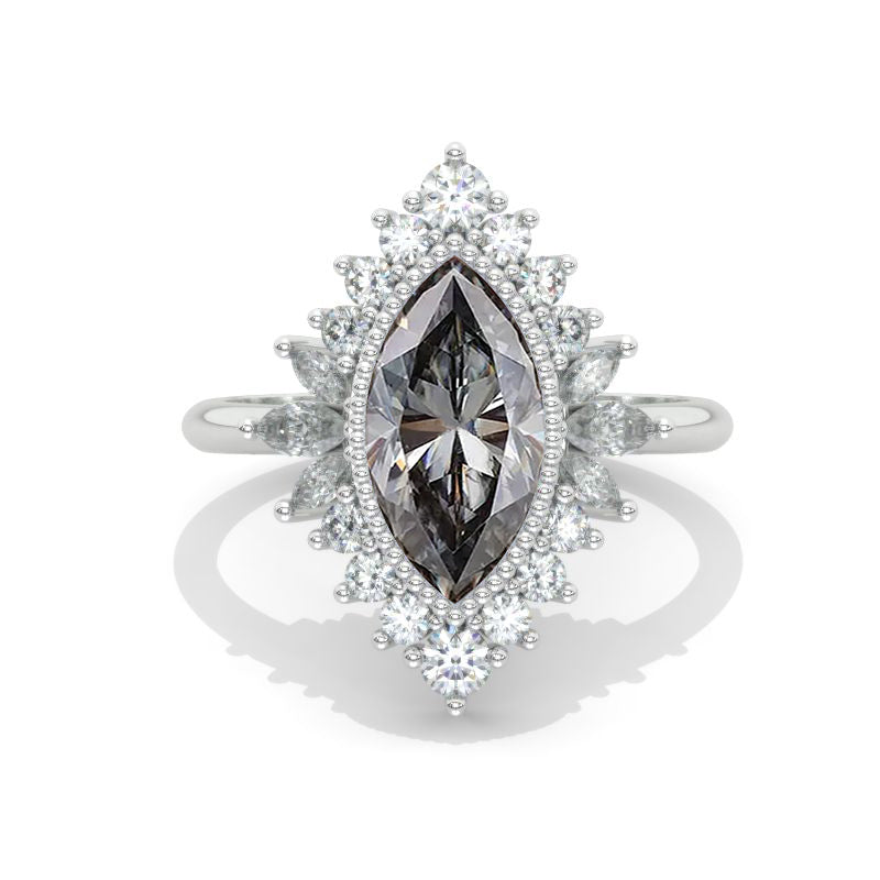 14K White Gold 1.5 Carat Marquise Cut Moissanite Halo Floral Engagement Ring Model 1264
