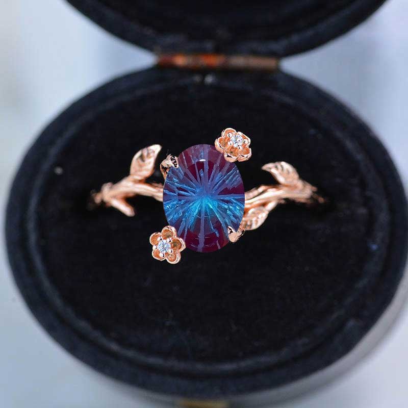 14K Rose Gold Dainty Fireworks Cut Alexandrite  Leaf Ring, 2ct Oval Fireworks Cut Alexandrite Twig Ring, Rose Gold Ring Unique Curved Vintage Floral Ring