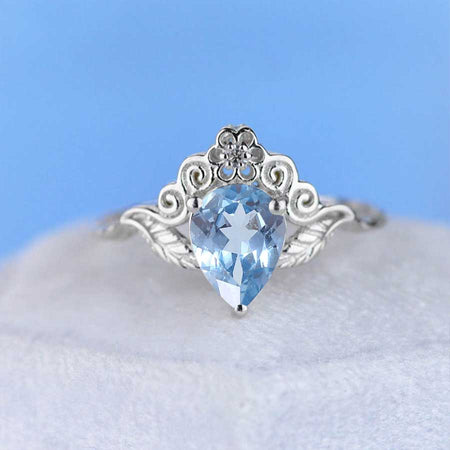 Genuine Natural Aquamarine Pear Shape Floral Gold Ring