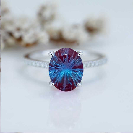 3 Carat Oval Fireworks Cut Alexandrite Ring, Hidden Halo Gold Engagement Ring