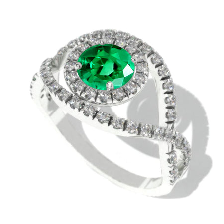 1.0 Carat Emerald Halo Engagement Ring 14K White Gold