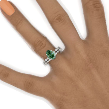 14K White Gold 2 Carat Oval Green Moissanite Vintage Engagement Ring, Eternity Ring Set