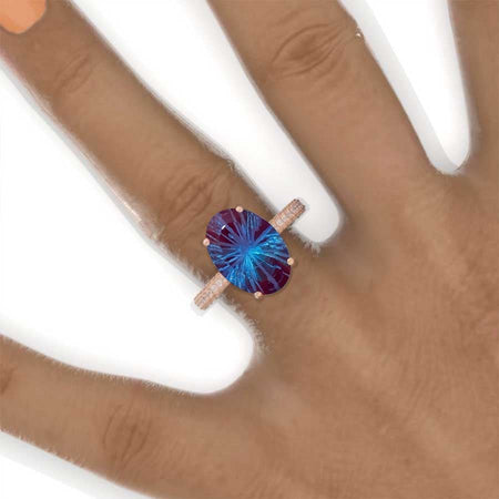 8 Carat Oval Cut 14x10mm Fireworks Cut Alexandrite Hidden Halo Rose Gold Engagement Ring