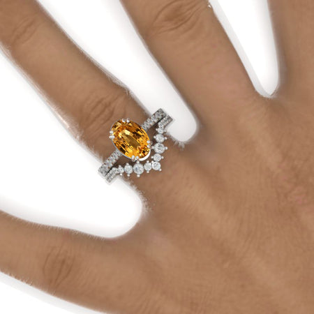 3 Carat Oval Genuine Yellow Citrine Solitaire Set Engagement Ring Eternity Ring Set Model 978-10x7mm