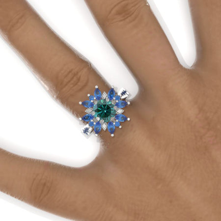 2 Carat Round GreenMoissanite Snowflake Floral Sapphire Halo Engagement Ring Model 1131