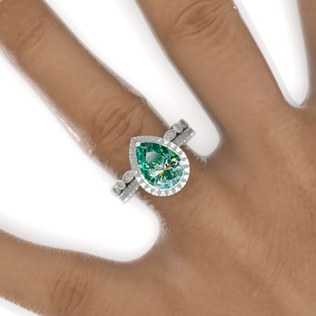 3 Carat Halo Pear Cut Green Moissanite 14K Solid White Gold Ring Set Model 783-11x7