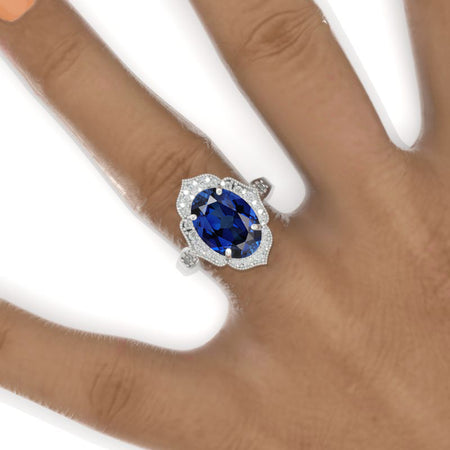 4 Carat Oval Royal Blue Sapphire Halo Engagement Ring, Promise Ring For Her, Royal Blue Sapphire Wedding Ring, 14K Gold Oval Royal Blue Sapphire Engagement Ring