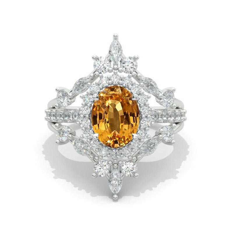 14K Solid Gold Ring 1.5CT Oval Genuine Yellow Citrine Wedding Ring Genuine Yellow Citrine Halo Engagement Ring Anniversary Promise Two Eternity Gold Ring Model 412
