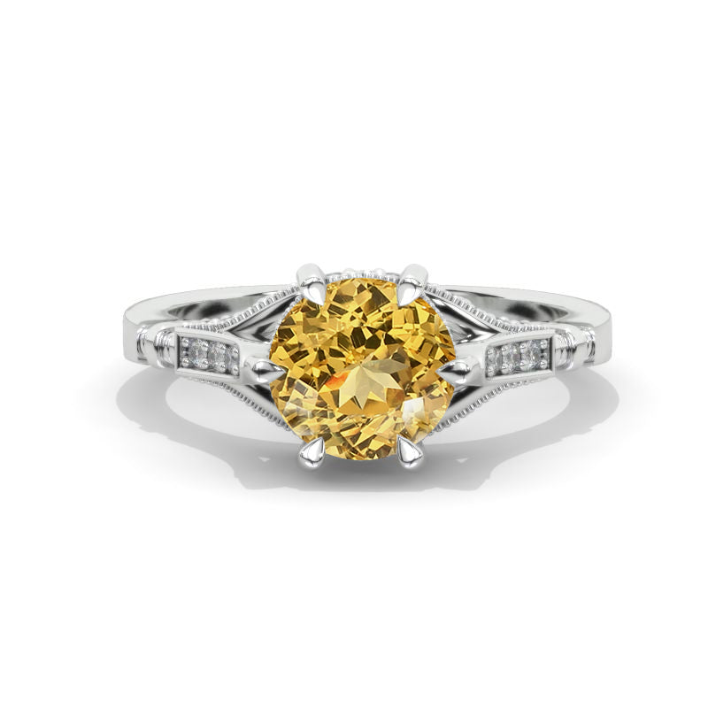 2 Carat Round Genuine Yellow Citrine Hidden Halo Victorian Style  Engagement Ring