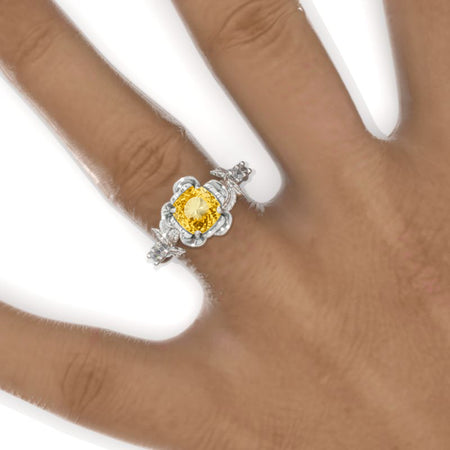 1.5 Carat Round Genuine Yellow Citrine Floral Halo Engagement Ring Model 985-7